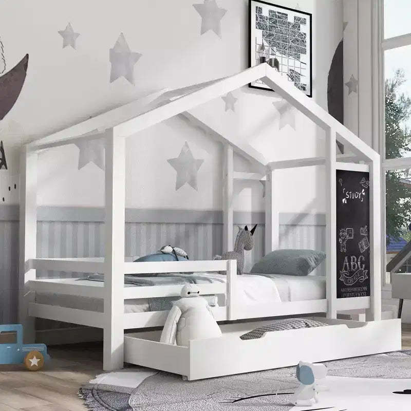 Full Size House Bed with Blackboard and Drawers, Two Assembly Options,Bed Frame with Guardrail,No Box Spring Needed,Space-Saving Design