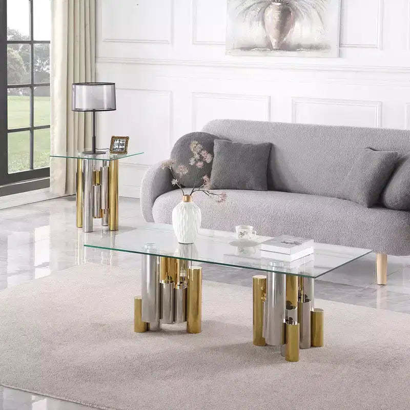 Rectangular Coffee Table with Clear Tempered Glass Top, Stainless Steel Frame Modern Sleek Center Table, Mid Century Center Table
