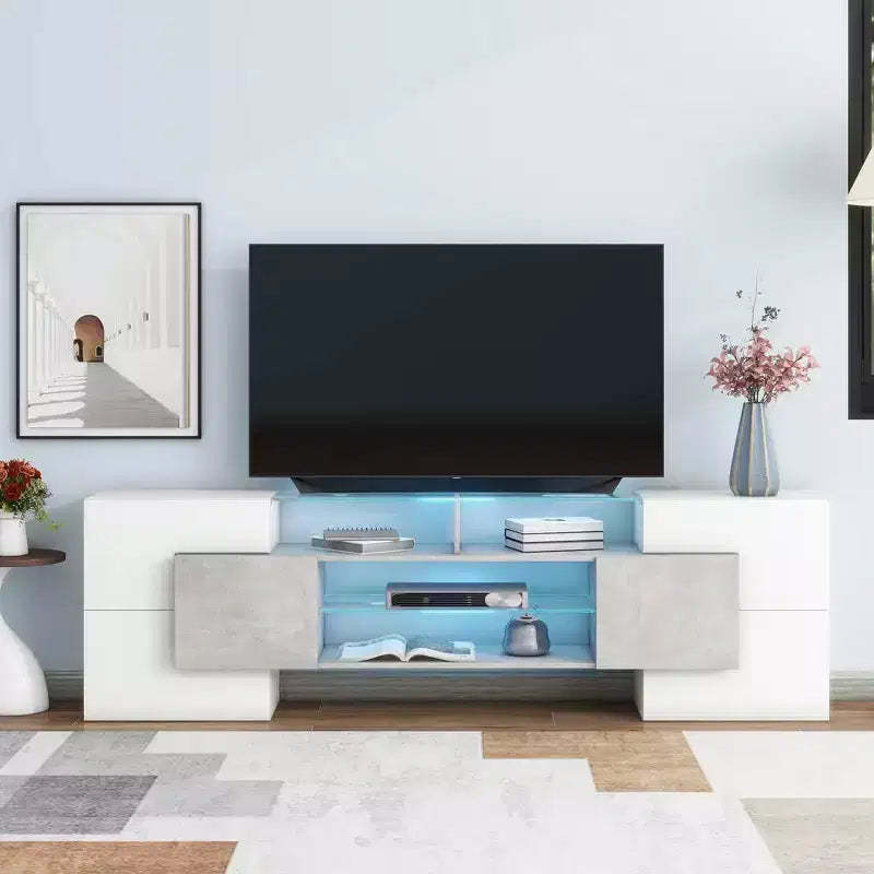 MAYEERTY Gray Unique Shape TV Stand, LED Illuminated Glass Shelf Media Console for 88 TVs