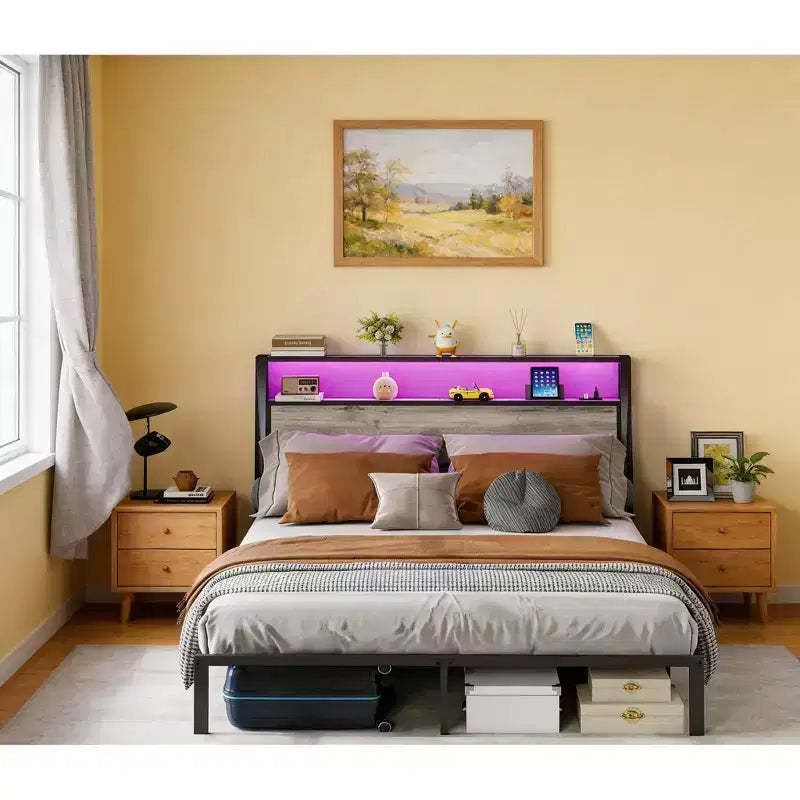 Bellemave Platform Bed Frame with LED Light, USB Charging Station & Headboard, Grey.