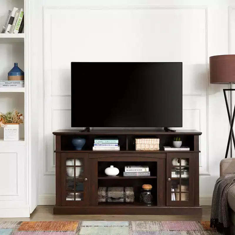 Classic TV Stand Entertainment Center with Large Storage Cabinets with Glass Doors Media Furniture with Open Storage Space for Living Room