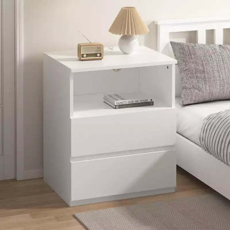 End Table with Fast USB c Charging Station, 2-Drawer Sofa Side Table with Large Storage, Modern White Particle Board Nightstand