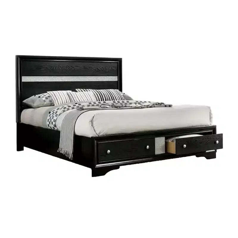 Royal Hampton Queen Size Bed, Footboard Drawers, Black Wood W Glitter Accents
