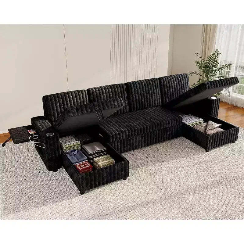 MooxvMoo 122 U-Shaped Sleeper Sofa with Storage,Side Table,USB Ports&Cup Holders Jet,Convertible Couch Featuring Pull-Out Bed,Adjustable Backrest