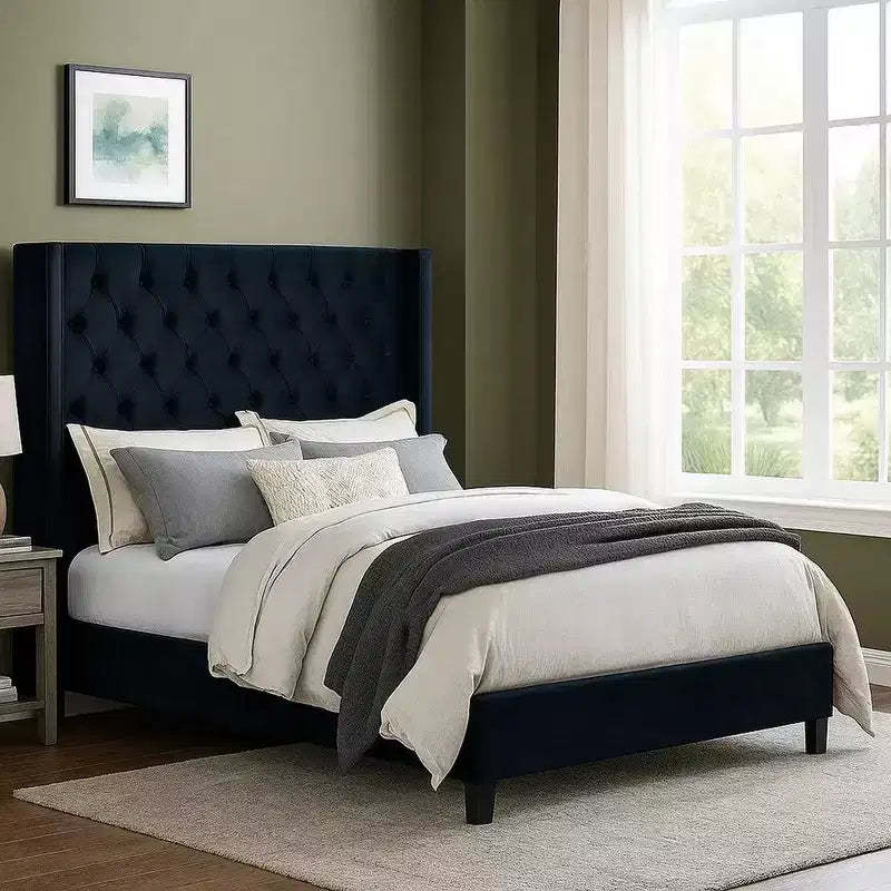 Royal Hampton Queen Size Bed, Wingback Headboard In Black Velvet Like Upholstery
