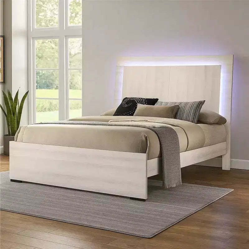 Royal Hampton Queen Size Bed W Led On Headboard, Antique White Wash Finsih