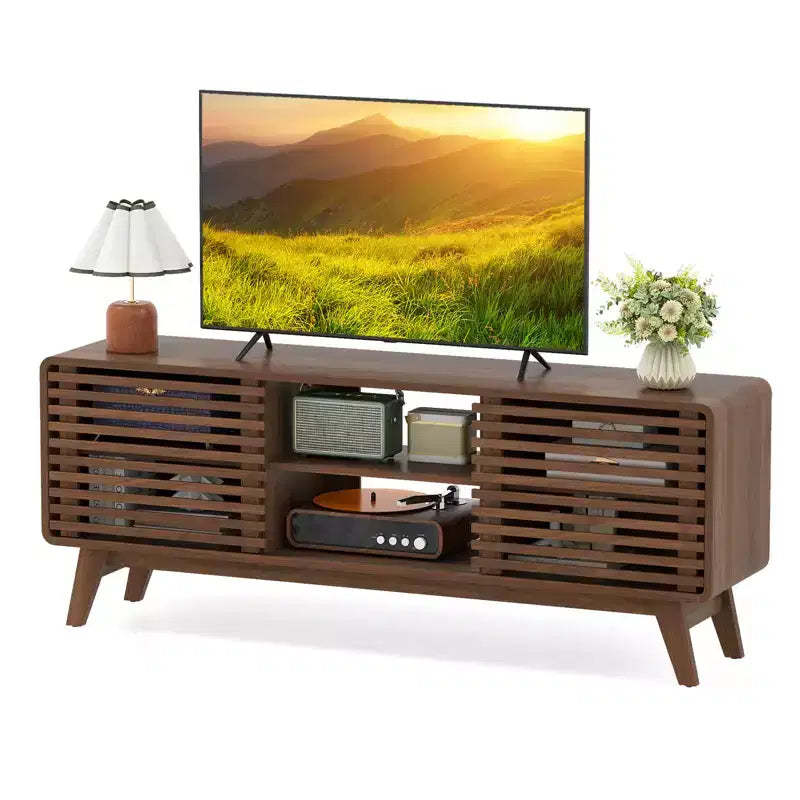 Costway TV Stand w/Sliding Doors Adjustable Shelves & Rubber Wood Legs for TVs up to 65''