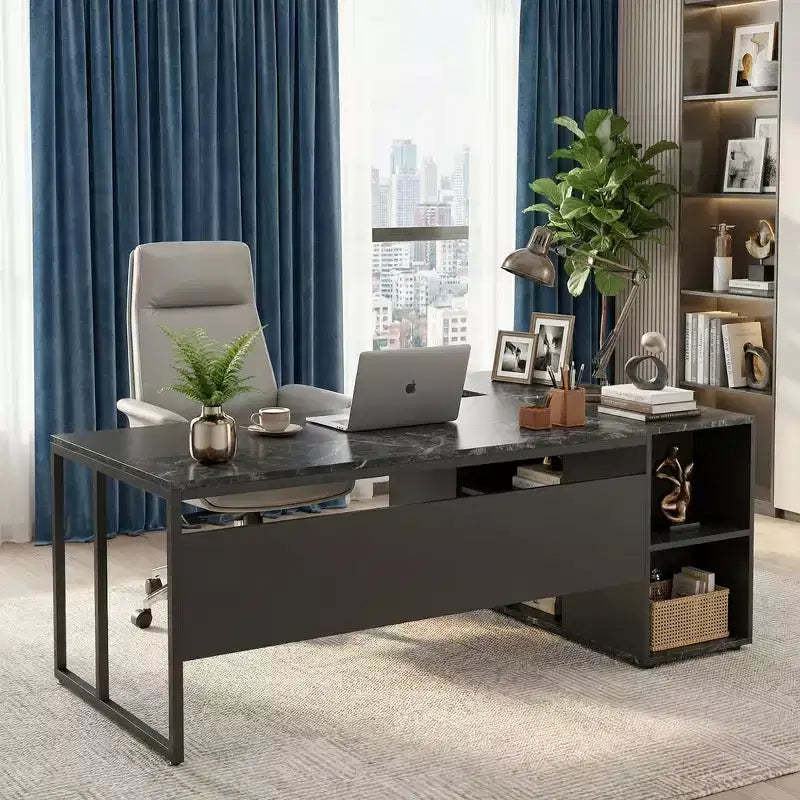 MAYEERTY 71 Large L-Shaped Executive Desk, Office Desk with Shelves and Cabinet