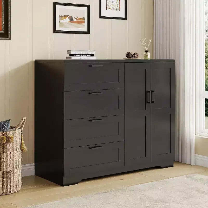 43.3in Wardrobe Closet with 4 Drawers Hanging Rod Double Doors Storage Cabinet for Bedroom, Black