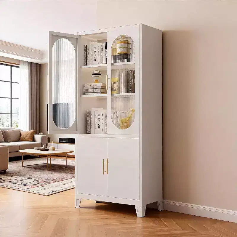 Storage Cabinet with Fluted Glass Doors, 71 Metal Accent Pantry for Kitchen, Dining Room Food Storage Cabinet, Modern Kitchen Cupboard