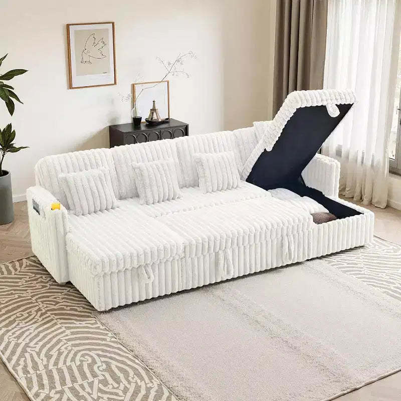 MooxvMoo 124 U-Shaped Sleeper Sofa with Storage,Oversized Convertible Couch Featuring Pull-Out Bed,Adjustable Backrest,USB Ports & Cup Holders,White