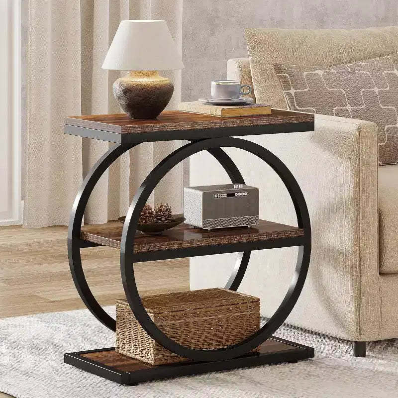 Lantine Narrow End Table with 3 Storage Shelves, Industrial Small Sofa Side Table with Black Metal Frame for Living Room, Slim Nightstand for Bedroom