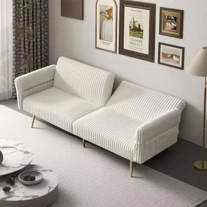 MooxvMoo Futon Sofa Bed, Convertible Futon Couch Bed with Adjustable Backrest, 2 Pillows, Corduroy Loveseat Futon for Small Spaces, Living Room,White