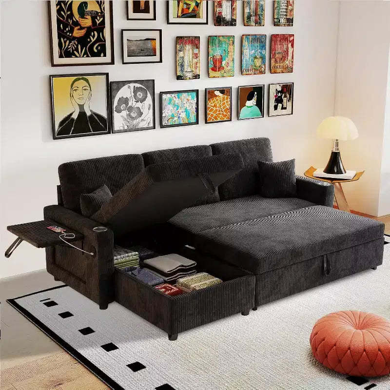 MooxvMoo 83 Convertible Sofa Bed Couch with Storage & USB Port, 4 in 1 L Shaped Sofa with Pull Out Couch Bed, Side Table, Cup Holder,Black