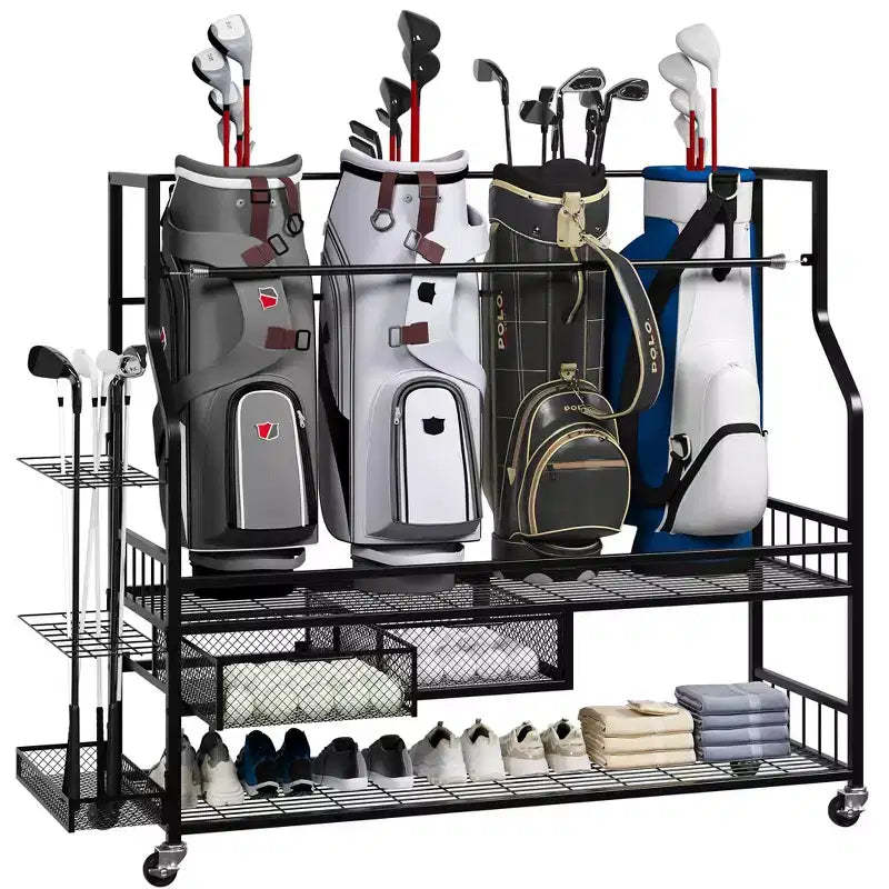 Golf Bag Storage Rack with Wheels & Drawers - 4-Bag Organizer for Garage Home