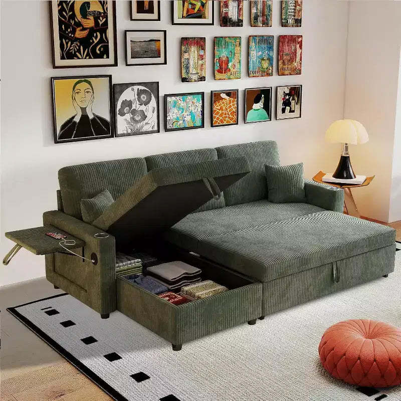 MooxvMoo 83 Convertible Sofa Bed Couch with Storage & USB Port, 4 in 1 L Shaped Sofa with Pull Out Couch Bed, Side Table, Cup Holder,Green