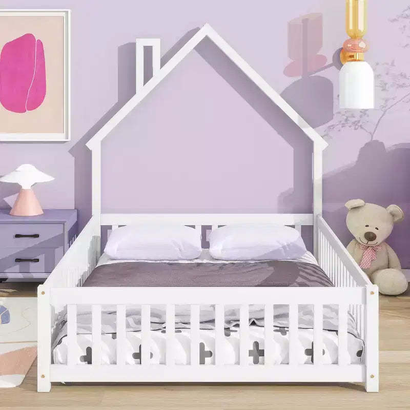 MAYEERTY Full House-shaped Headboard Floor Bed with Fence White