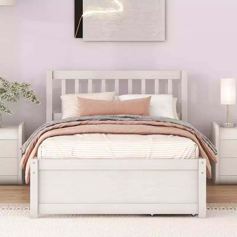 MAYEERTY Modern Twin Size Platform Bed, White Washed Wood Frame with 2 Drawers