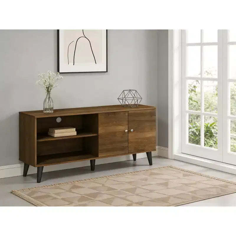 JVNOXK 47.3-inch Modern Living Room Entertainment Center, suitable for TVs under 50 inches, featuring 2-tier storage shelves and 1 cabinet, Brown