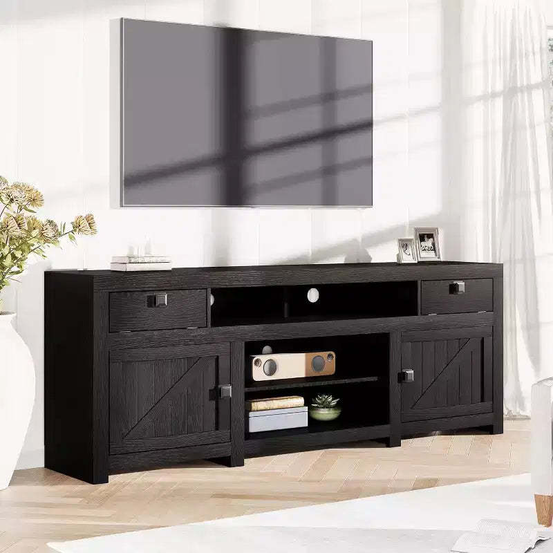 Farmhouse TV Stand for Tv Up to 80 Inches, Long Entertainment Center with 4 Storage Drawers & 3 Open Shelf for Living Room, Bedroom - Black