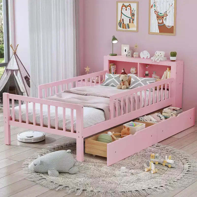 MAYEERTY Twin Size Bed with Headboard Storage Storage Rack Two Under Bed Drawers Three Side Guardrails for Bedroom Pink