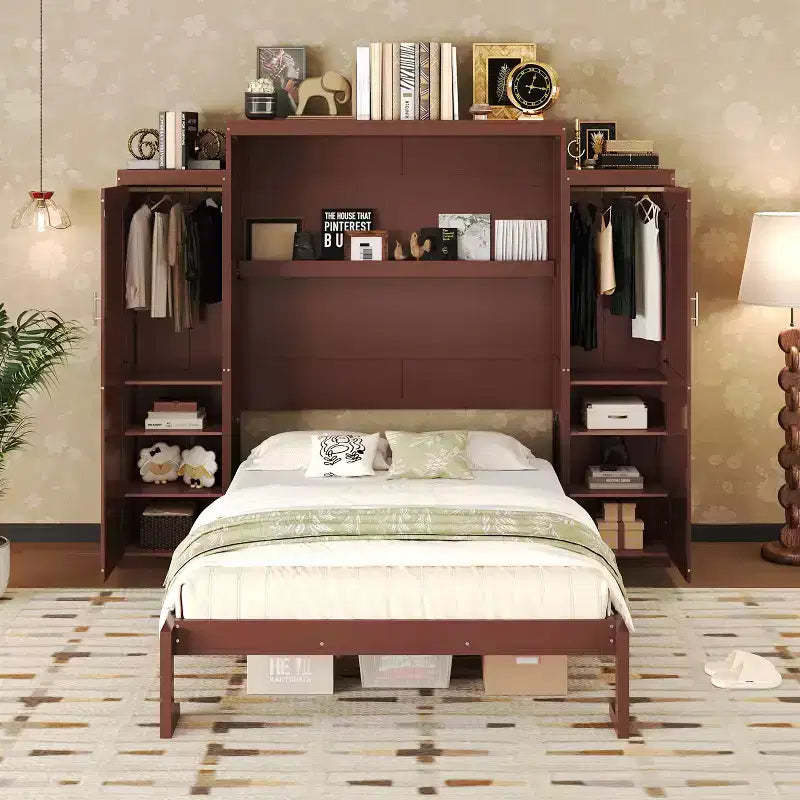 MAYEERTY Queen Size Murphy Bed with 2 Wardrobe and Storage Shelf Multifunctional Foldable Platform Bedframe for Bedroom Walnut