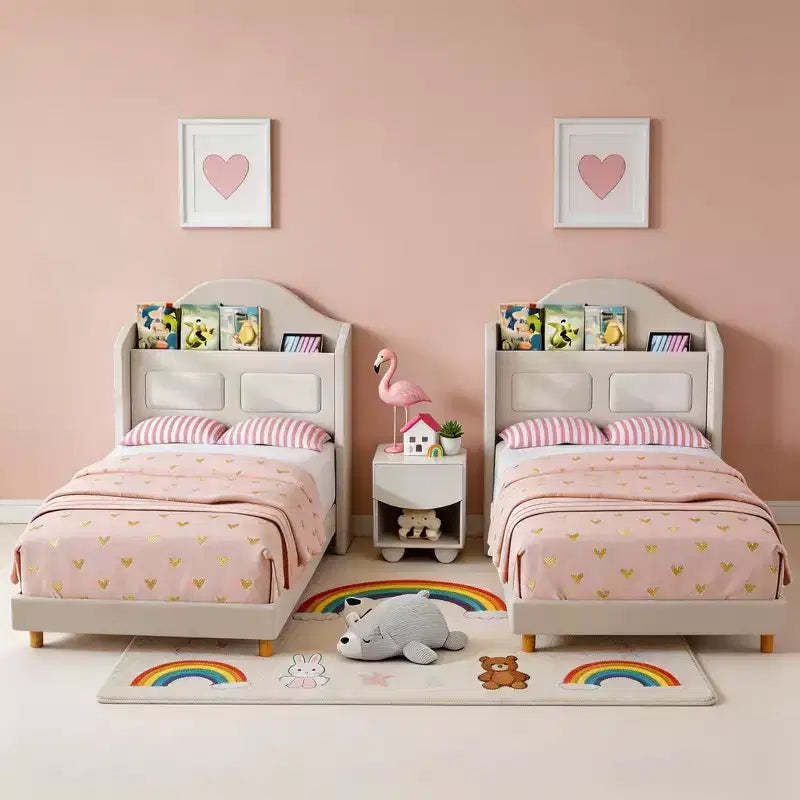 Set of 2 Twin Bed Frame for Kids, Upholstered Velvet Platform Bed for Boys/Girls with Wingback, Storage Bookcase Headboard & LED Lights