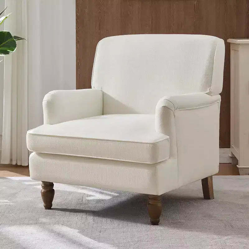 Etokfoks vintage upholstered linen armchair cream solid wood legs rolled arms thick cushion accent chair for living room bedroom