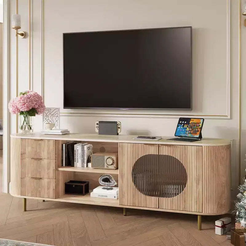 JVNOXK 65-inch Modern Recessed TV Console with Marble-Look Countertop and Gold Accents, Suitable for Living Rooms, Natural Oak
