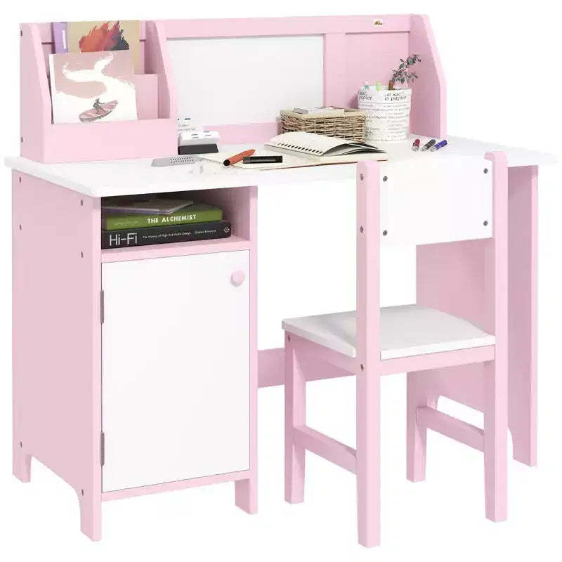 Etokfoks Kids Desk and Chair Set with Whiteboard Large Storage Cabinet Organizer for Art and Study 35.4x17.7x33.5 in Pink