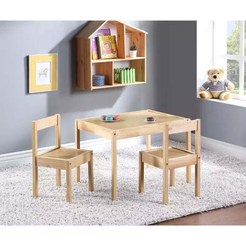 Etokfoks 3 Piece Solid Wood Kids Table and Two Chair Set Natural Space Saving Design for Arts Crafts and Playroom Activities