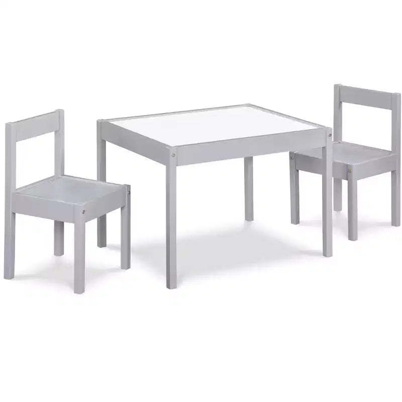 Etokfoks 3 Piece Kids Dry Erase Table and Two Chair Set Gray Solid Wood Durable Construction Easy to Clean Creative Art and Play Space