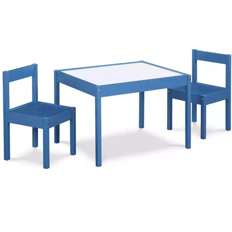 Etokfoks 3 Piece Dry Erase Kids Table and Two Chair Set Dark Blue Solid Wood Kiln Dried Durable Finish for Creative Activities