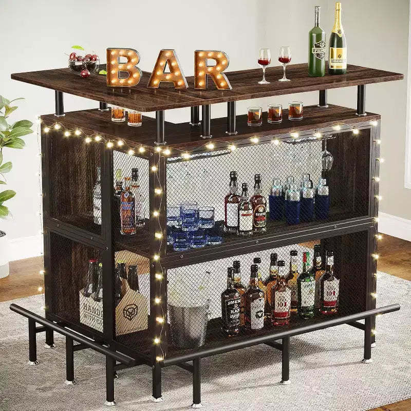 Lantine L-Shaped Home Bar Unit: Rustic Brown, with stemware racks, 2-tier shelves, footrest.