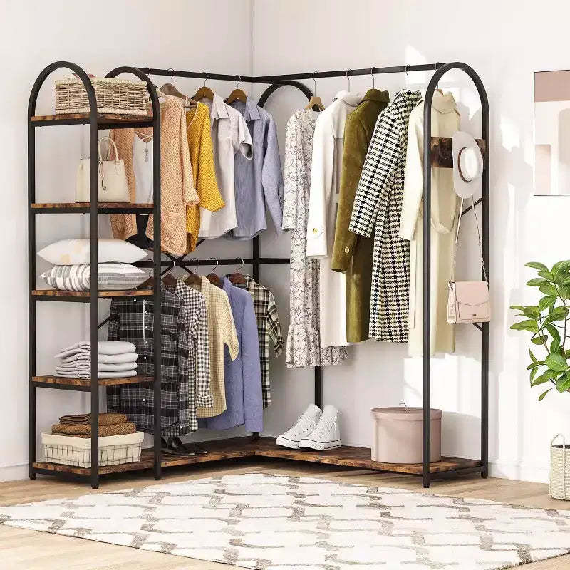 Lantine L-Shaped Garment Rack with Shelves, Heavy Duty Corner Clothes Rack with Coat Hooks for Hanging Clothes, Rustic Brown