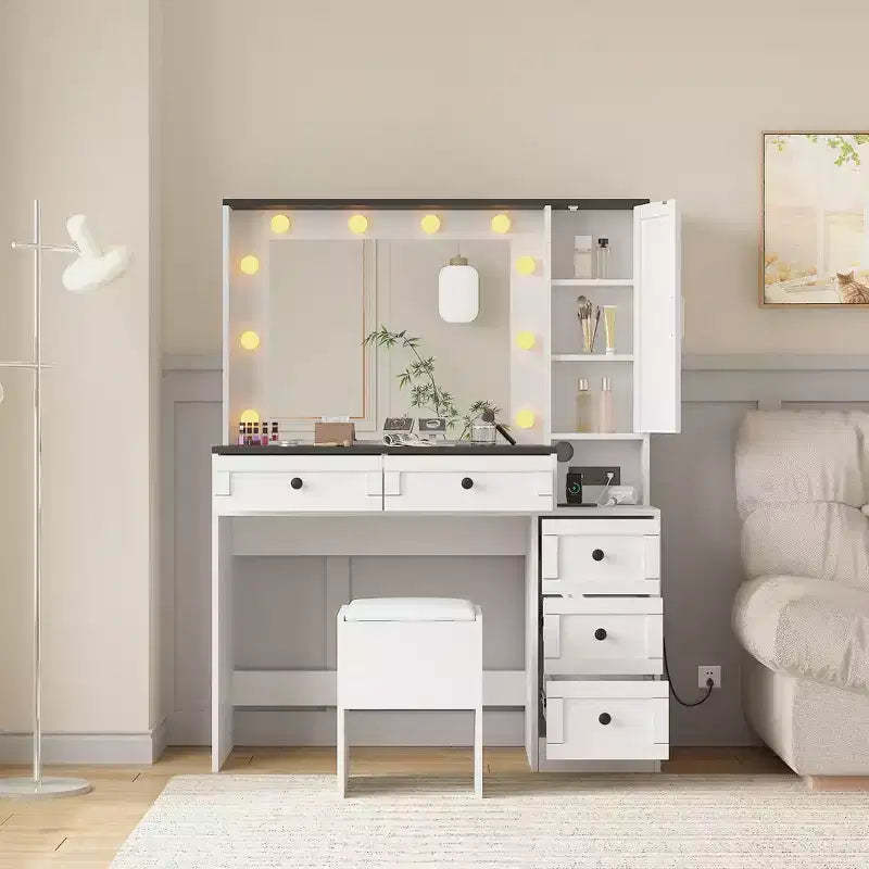 Makeup Vanity, 3 Lighting Modes Vanity Desk with Soft Cushioned Stool, White Dressing Table Set with 5Drawers & Storage Shelves