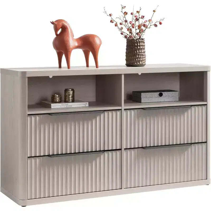BALHAM TRADE-Modern 56.5 Wide Dresser for Bedroom with 4 Drawers Fluted Open Shelf Closet Storage