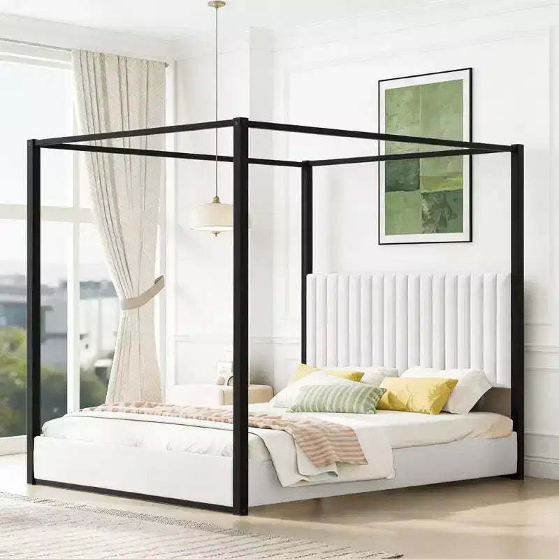 Luxystar Queen Size Modern Canopy Platform Bed with Upholstery Headboard, Black