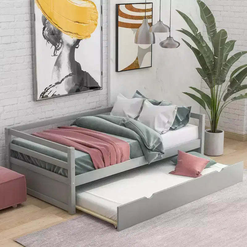 Solid Wood Frame Twin Daybed with Pull Out Trundle, Captains Bed Twin Bed Frame for Living Room, Gray