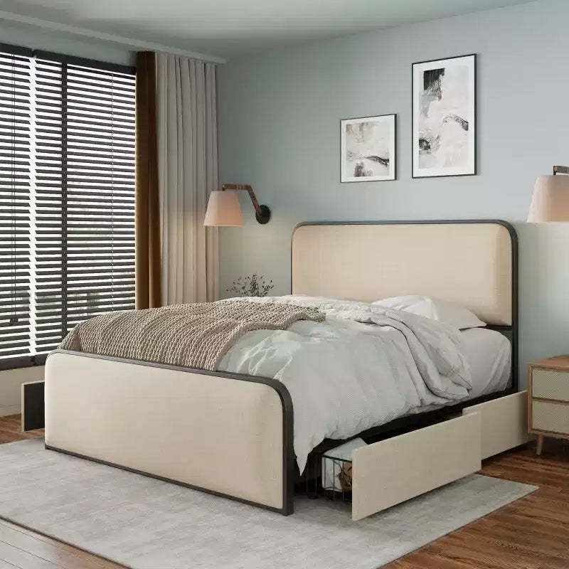 GDFStudio Bavier Modern Linen Upholstered Metal Bed Frame with 4 Storage Drawers