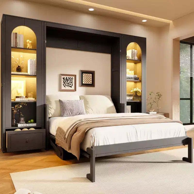 Queen Size Murphy Bed Wall Bed with Side Cabinets and LED Light, Cabinet Bed Folding Wall Bed with Storage Shelves and Drawers for Guest Room, Gray