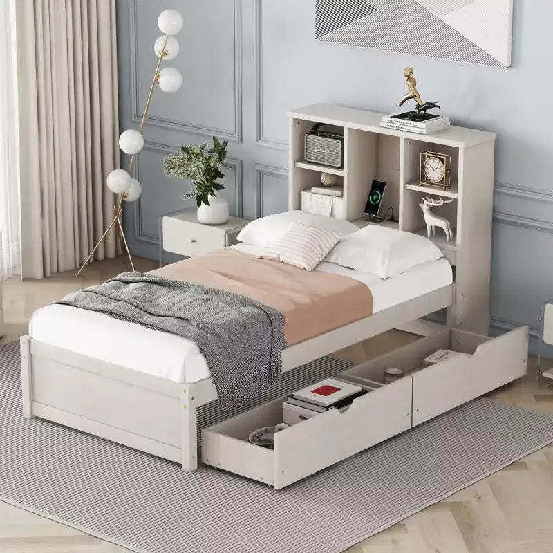 Twin Size Bed Frame with Bookcase Headboard, USB Port and 2 Drawers, Modern Storage Bed, White Washed