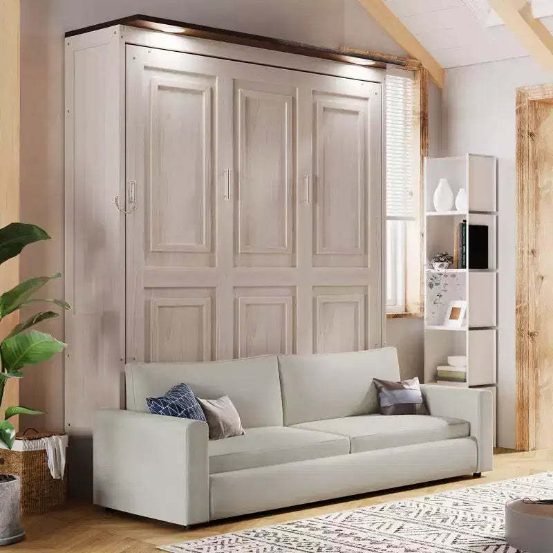 Queen Size Murphy Bed with Sofa, Wooden Queen Cabinet Bed Wall Bed with LED Light, Folding Wall Chest Bed with for Guest Room, Beige