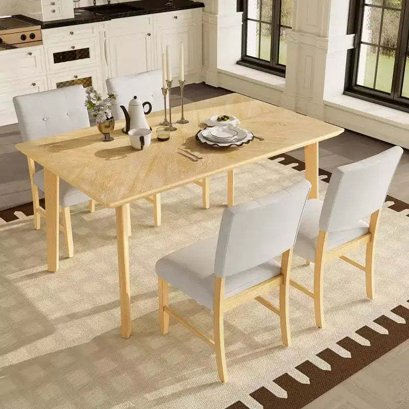 Minimalist Dining Room Table Set for 4, 5 Piece Solid Wood Rectangle Dining Set with 4 Upholstered Chairs for Dining Room, Natural Wood Wash