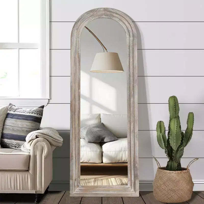 64x21 Arched Full Length Mirror Rustic Floor Mirror with Weathered White Solid Wood Frame Farmhouse Wall-Mounted Mirror for Bedroom Living Room