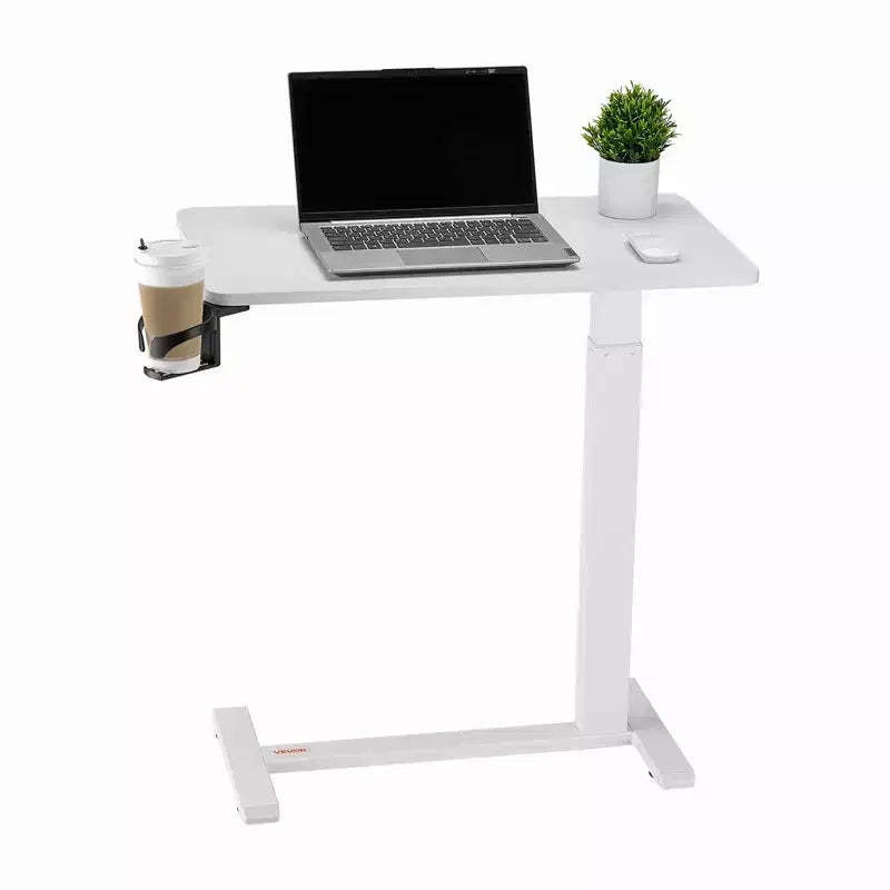 Overbed Table, Mobile Bed Side Table with Hidden Wheels, Height Adjustable Rolling Laptop Desk with Cup Holder, White