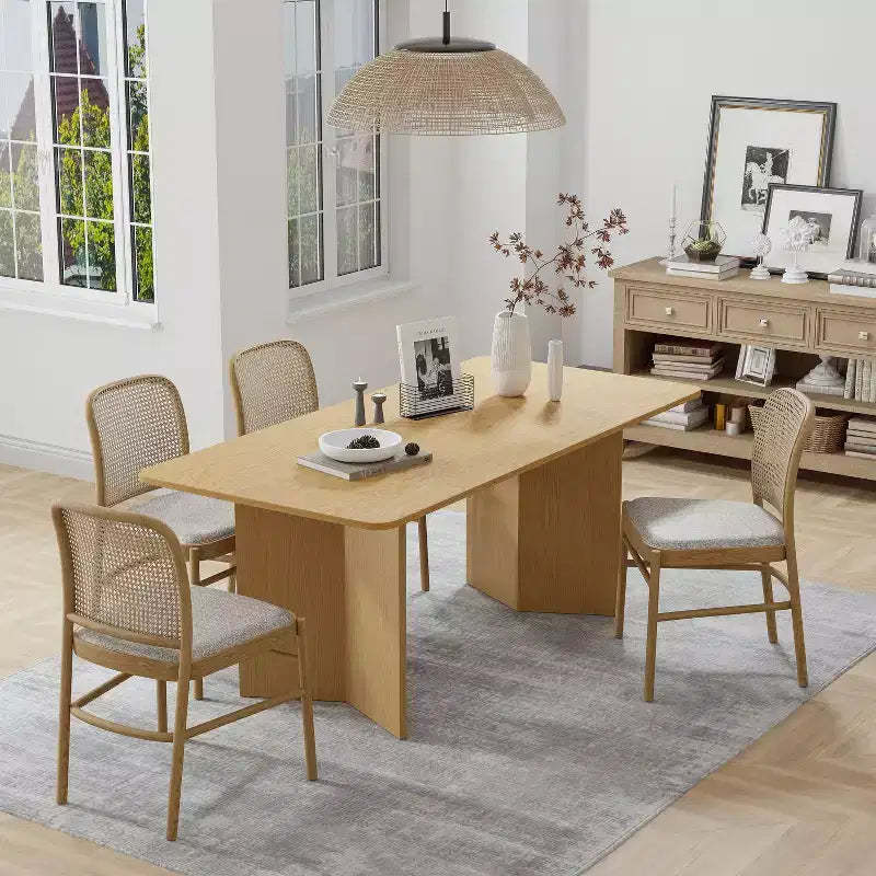 PexFix 67 x 33.5 Natural Solid Wood Farmhouse Dining Table with V-Shaped Legs and Square Wood Top for Modern Dining Rooms & Family Gatherings