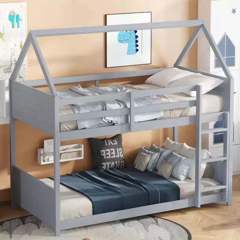 Bellemave Twin House Floor Bunk Bed with Headboards, Footboards and Guardrails, Ladder, Rubber Wood Bunk Bed with Safety Guardrails,Light Grey