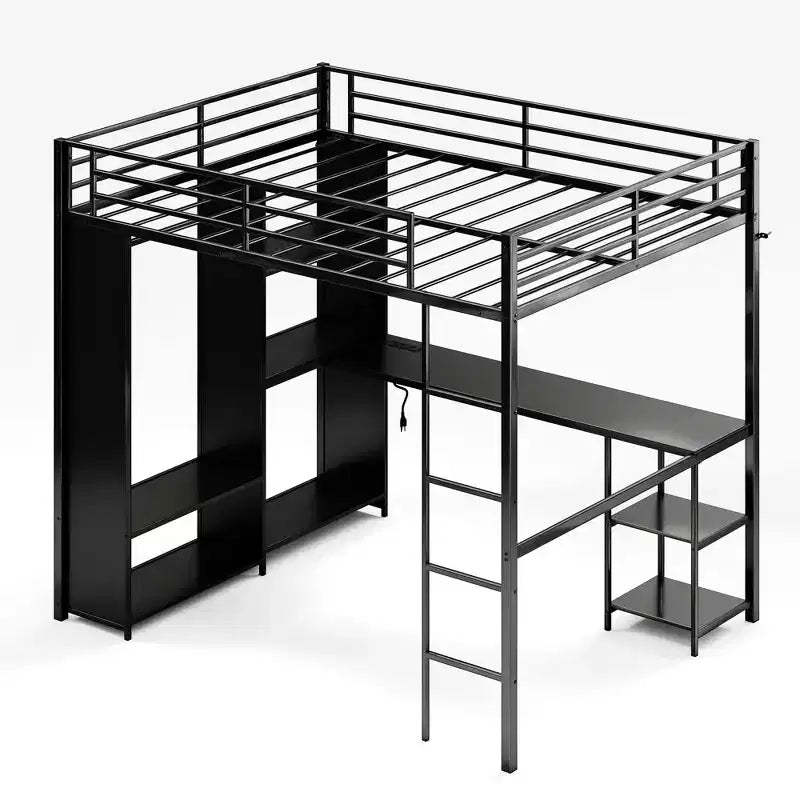 Queen Size Loft Bed with Desk and Storage Shelves, Metal Gaming Loft Bed Queen with Hanging Rod, Wardrobe, Guardrail and Ladder, Space Saving Design