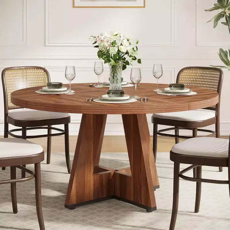 Lantine 47-Inch Round Dining Table for 4, Farmhouse Circle Kitchen Table with Wooden Pedestal Base for Kitchen, Dining Room, Living Room, Brown